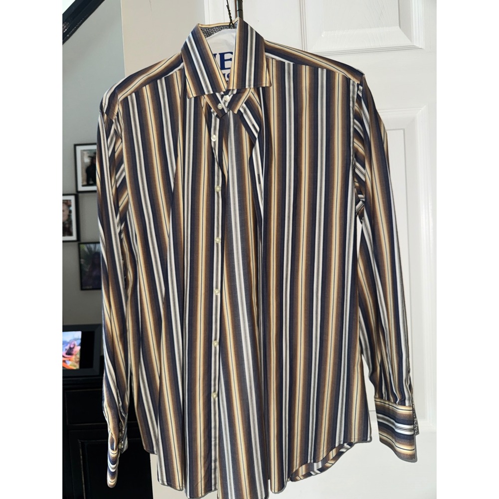 Thomas Dean Mens Medium Pima Cotton Striped Button Down Shirt Brown Blue Tan L/S